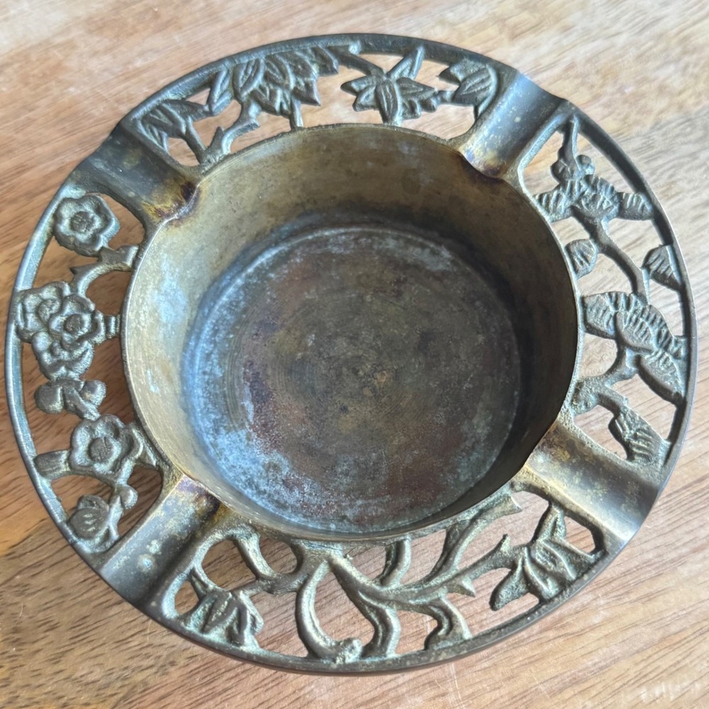 Vintage Brass Ashtray MCM Floral Filigree Ornate Tobacciana 4.5 Inch